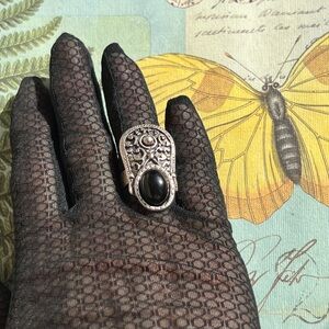 Silver-Tone Black Stone Statement Ring